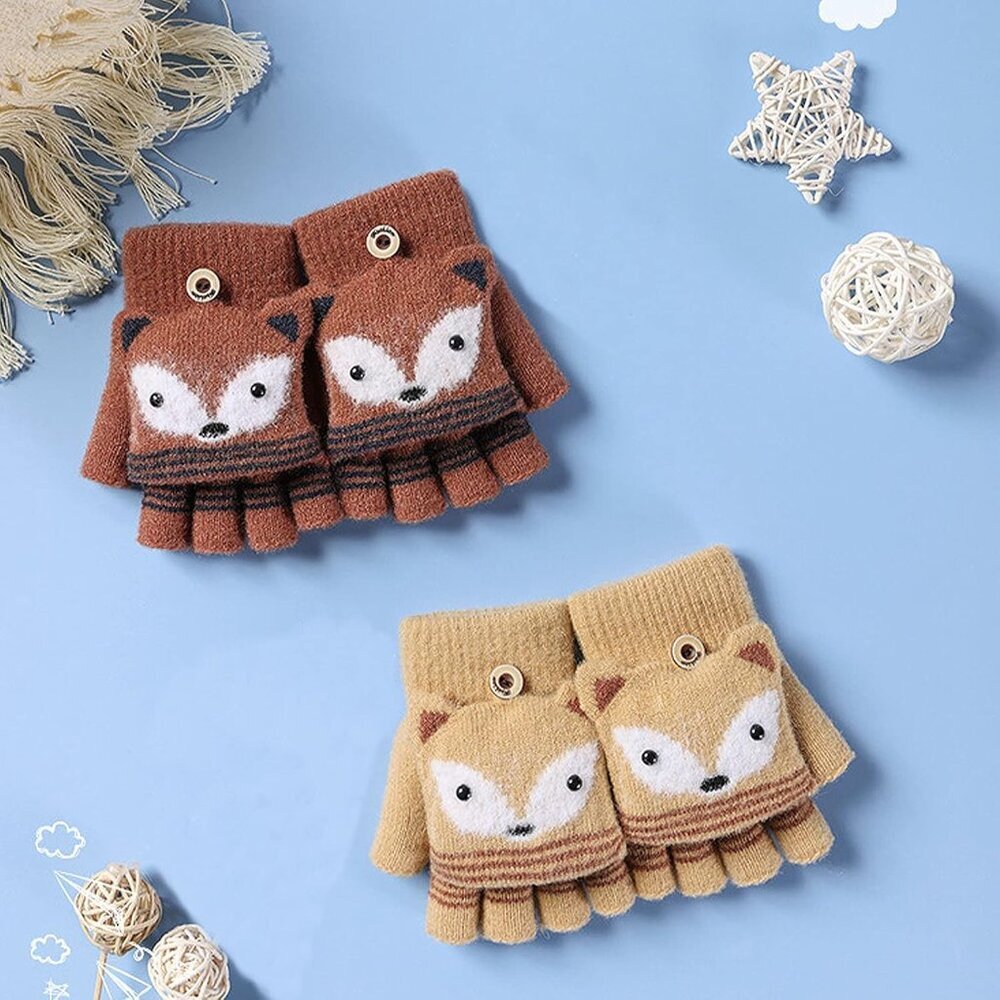 Cartoon Convertible Flip Top Gloves Toddler Kids Winter Wool Knit Fingerless Glo - Picture 2 of 7